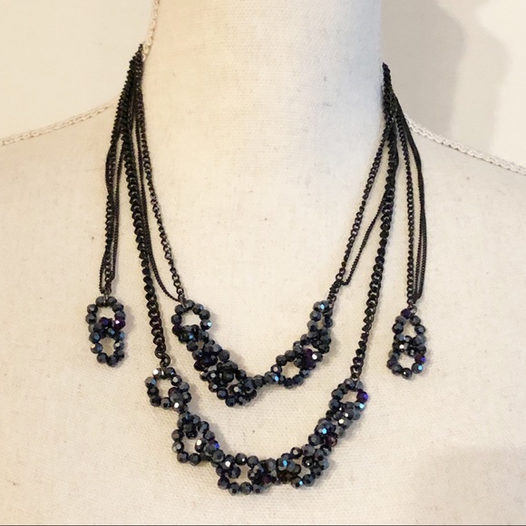 Navy Blue Jewel Beaded Double Layered Necklace with Gun Metal Chain - Picture 2 of 12